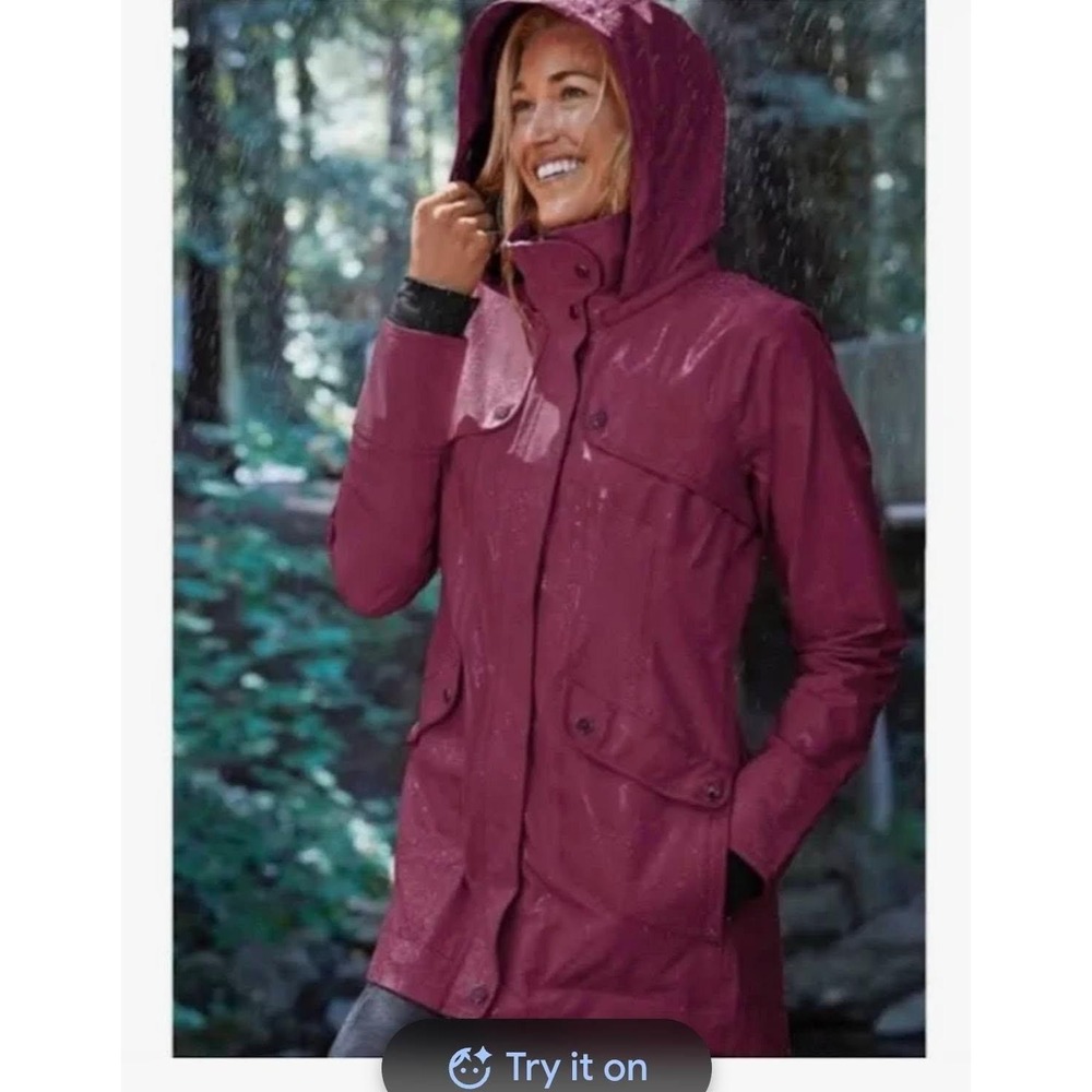 Athleta Rain Parka Jacket Women Small Burgundy Hooded Long Windbreaker Trench